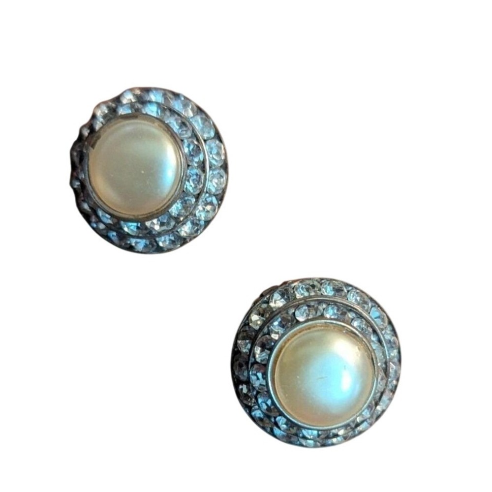 Lisner Vintage‎ Faux Pearl Rhinestone Round Button Clip On Earrings Gold Tone